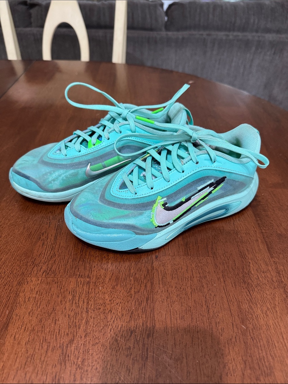 Nike Aja Wilson A’One Kids Turquoise Basketball Sneakers with Neon Green Accents